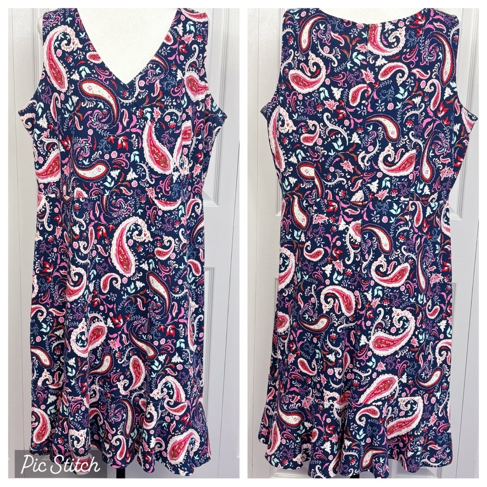 Talbots Navy Blue Multi Paisley Floral Knit Sleeveless Fit & Flare Dress 1X